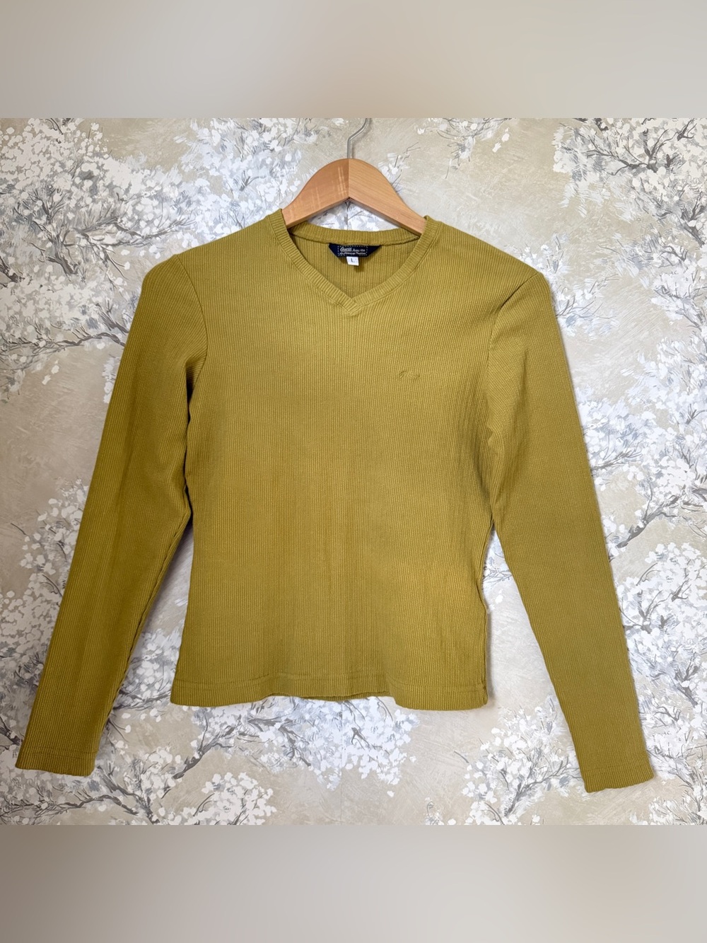 Vintage 90s GUESS Jeans USA Chartreuse Ribbed V Neck Long Sleeve Top